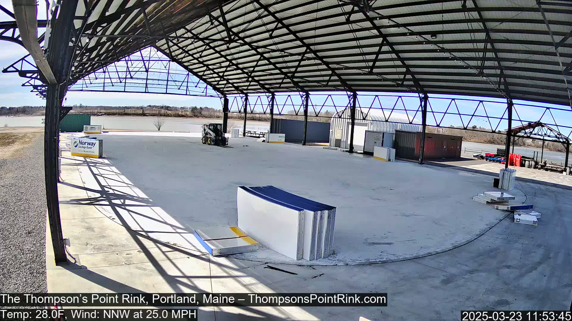 A large, empty rink under a metal-framed structure on a sunny day with a 25 mph northwest wind.