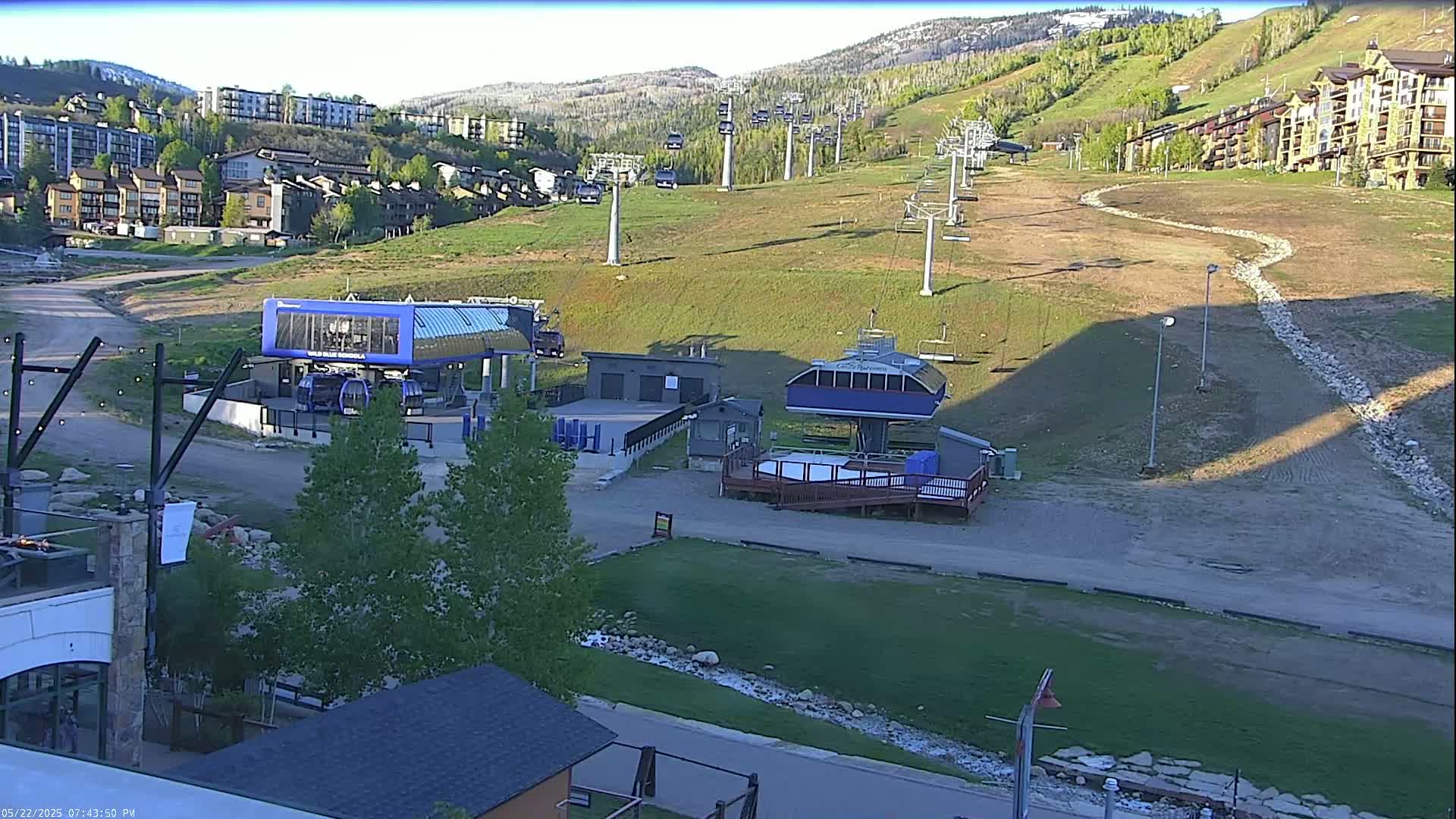 A sunny view of a ski resort base area with chairlifts, buildings, and grassy slopes.