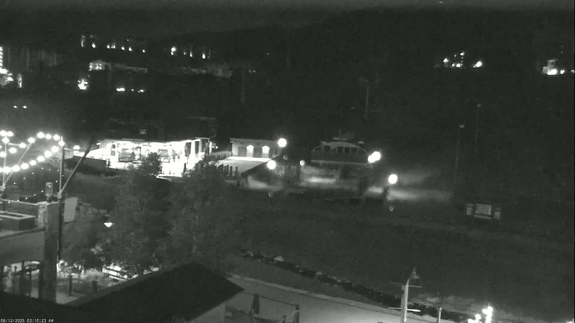 A nighttime, low-light view of a train passing through a station near buildings and trees.
