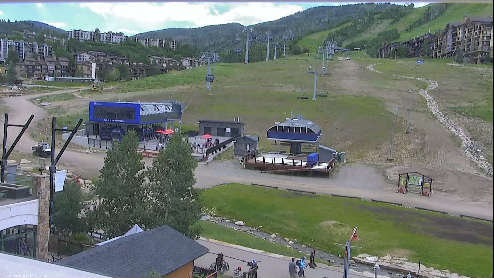 A ski resort base area with chairlifts, buildings, and a few people on a partly cloudy day.