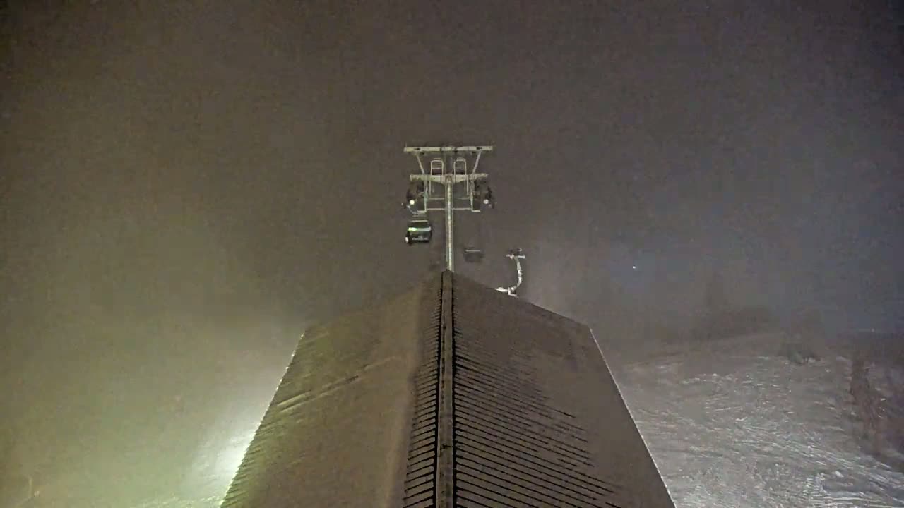 A chairlift ascends through heavy snowfall toward a snow-covered, angled building.