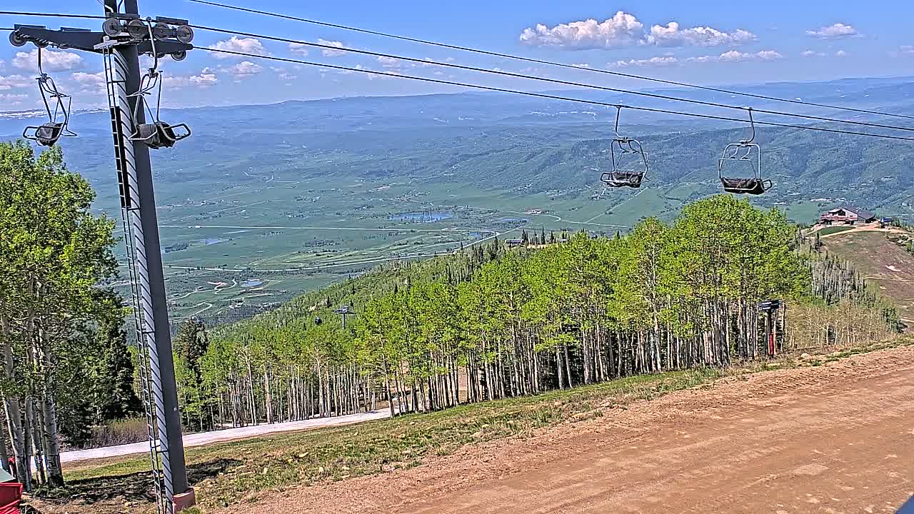 Two empty chairlift seats hang from cables above a dirt road overlooking a vast green valley under a partly cloudy blue sky.