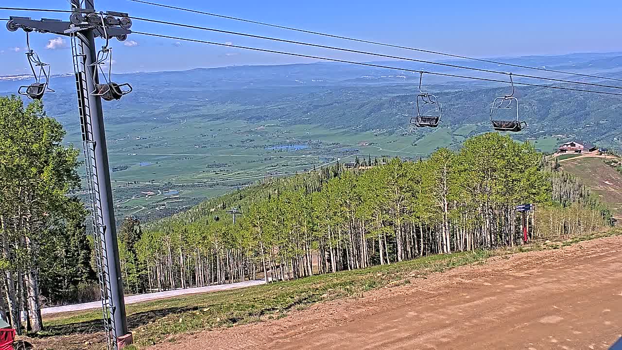 A mountaintop view on a clear, sunny day shows a chairlift and a vast expanse of green valley below, with a forest of slender trees in the foreground.