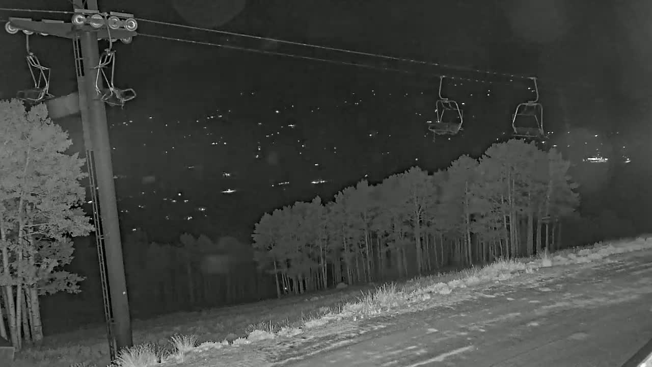 A nighttime view of a ski lift with empty chairs, overlooking a distant town illuminated by lights, and a snow-covered road in the foreground.