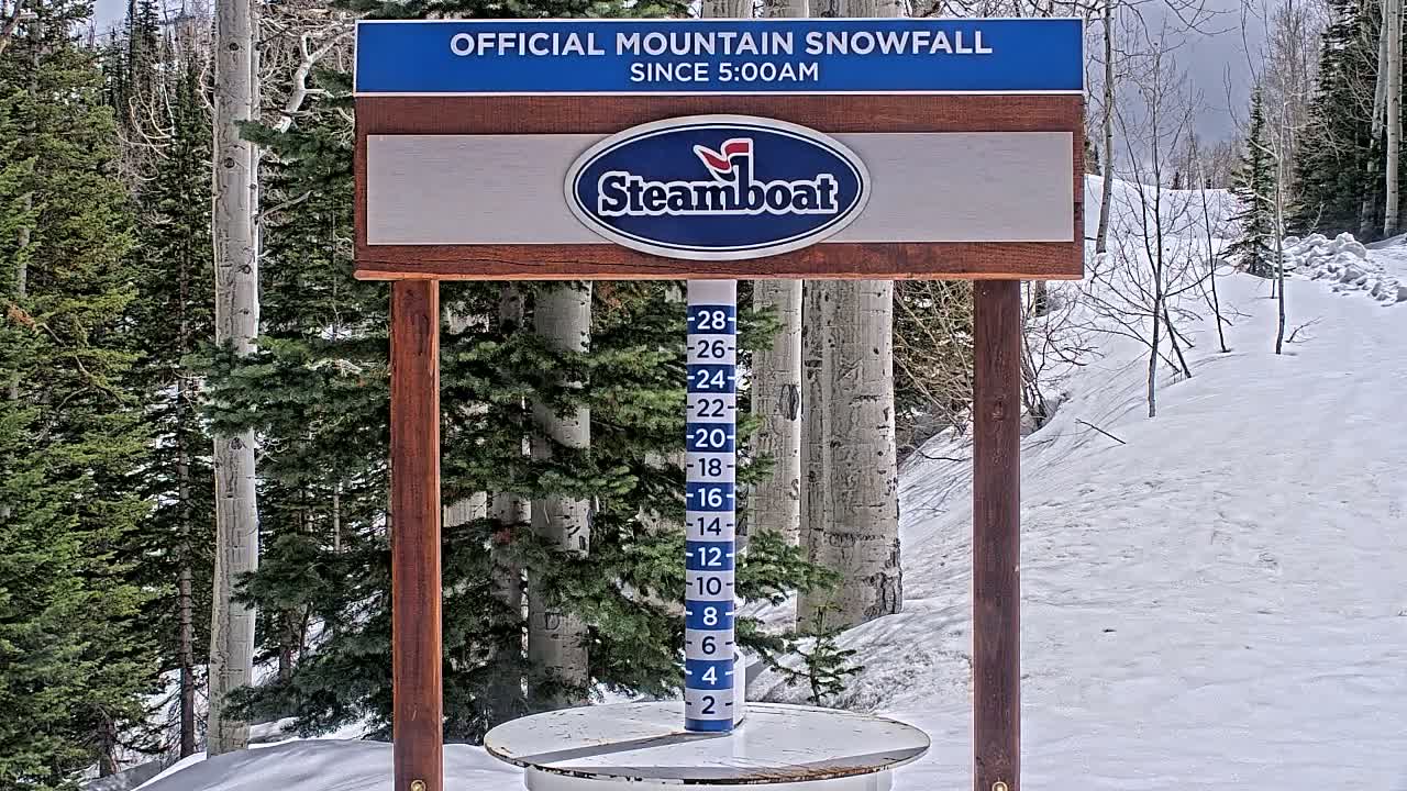 A snow-covered mountain landscape with aspen and evergreen trees is shown, featuring a snow measurement gauge indicating recent snowfall under a cloudy sky.