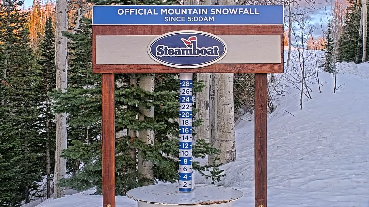 A snow-covered mountain landscape with evergreen trees is shown, featuring a snow measurement gauge indicating recent snowfall.