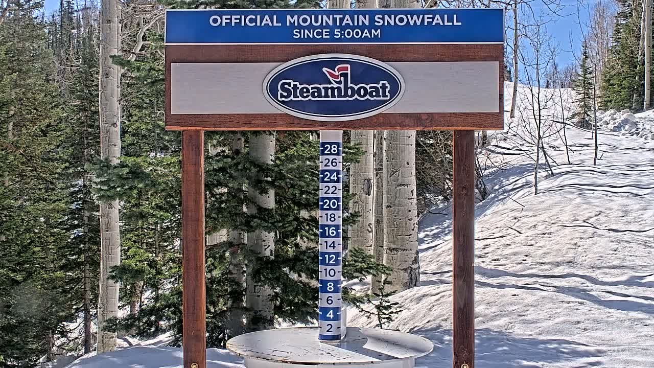 A snow depth gauge shows a recent snowfall in a sunny, snow-covered mountain landscape with aspen and evergreen trees.
