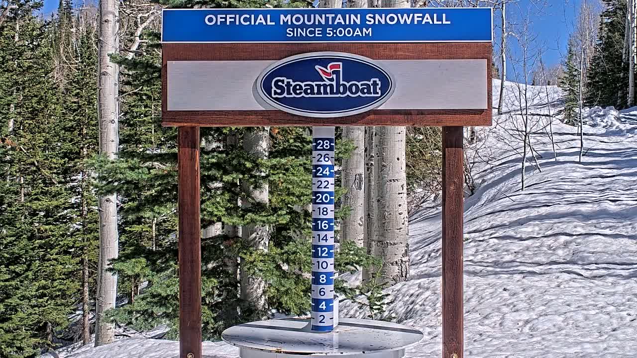 A snow depth gauge stands in a snowy mountain landscape under a clear blue sky, surrounded by evergreens and aspen trees.