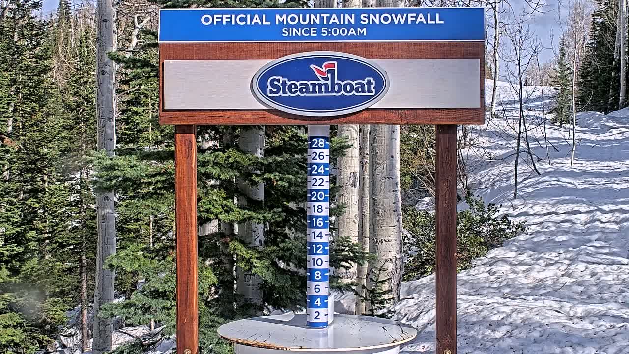 A snow depth gauge stands in a snowy mountain landscape under a sunny sky, surrounded by evergreen and aspen trees.