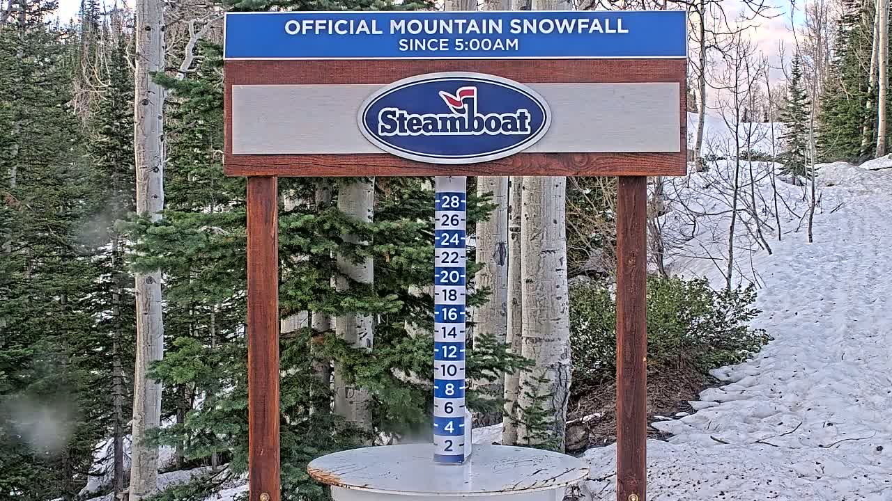 A wooden sign displaying a snowfall measurement gauge stands in a snowy landscape amongst evergreen and aspen trees under a partly cloudy sky.