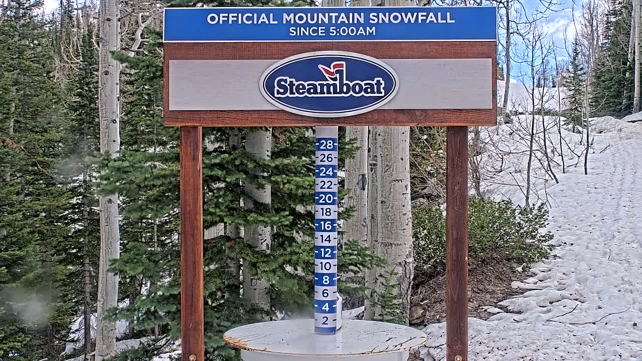 A snow depth gauge stands in front of a snowy mountain landscape under a partly sunny sky.