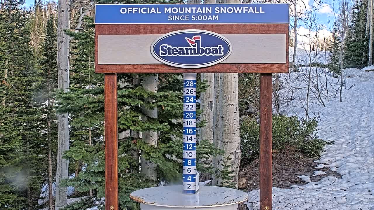 A snow-covered mountain landscape is visible behind a wooden sign displaying a snowfall measurement gauge.