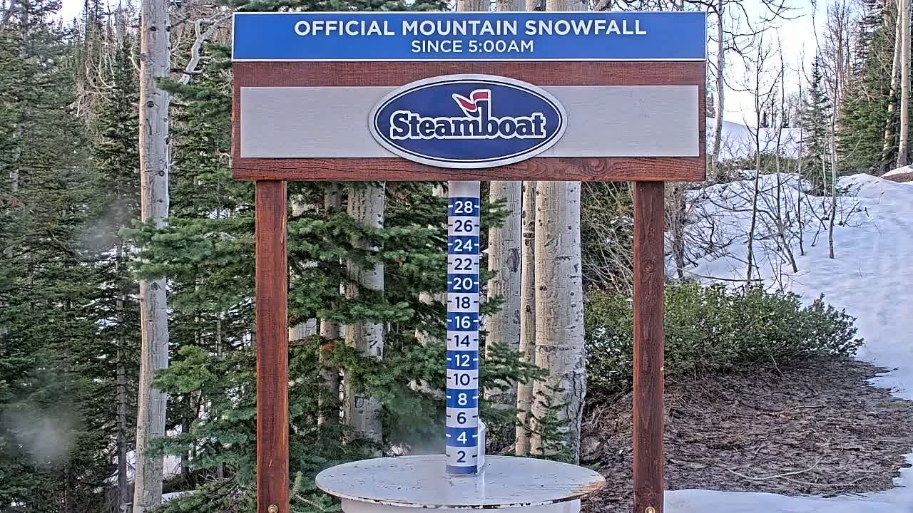 A snow measuring stick shows a snowfall amount in front of a snow-covered landscape with evergreen trees and aspen trees under a partly sunny sky.
