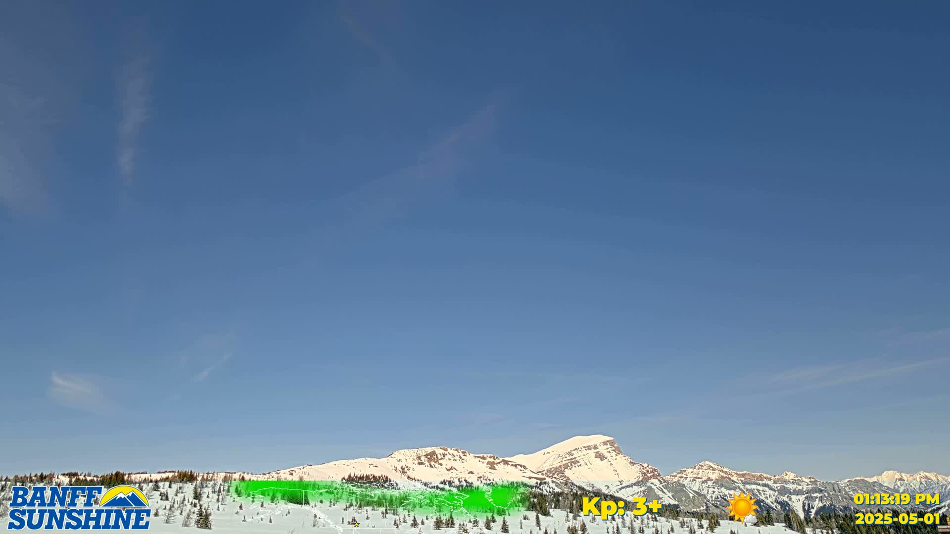 Under a clear blue sky, snow-covered mountains are visible in the distance, with a few sparsely scattered evergreens at the base.