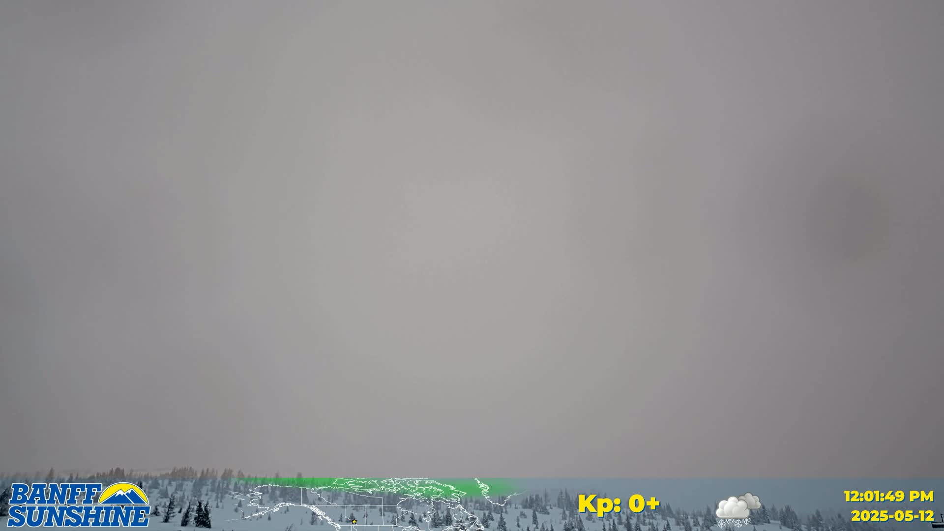 A hazy, overcast sky hangs over a snow-covered landscape of distant, sparsely populated evergreen trees.