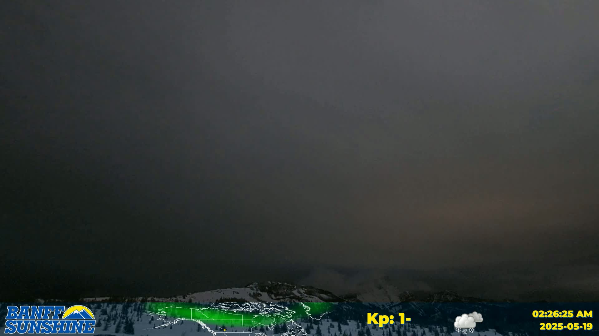 A dark, overcast sky hangs over snow-covered mountains at night, with a faint aurora borealis visible on the horizon.