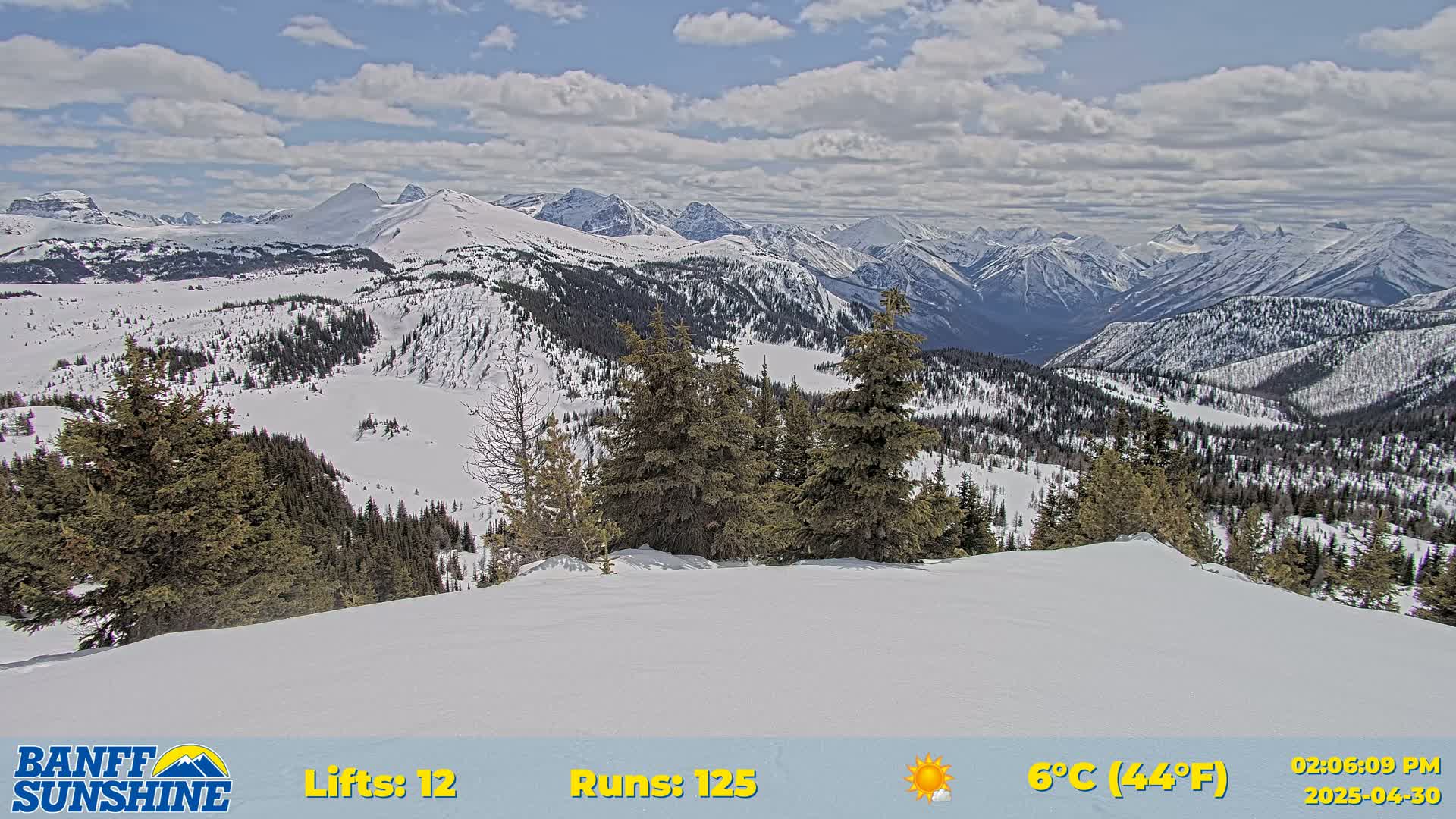 A snow-covered mountain vista stretches to the horizon under a partly cloudy sky, with evergreen trees in the foreground.