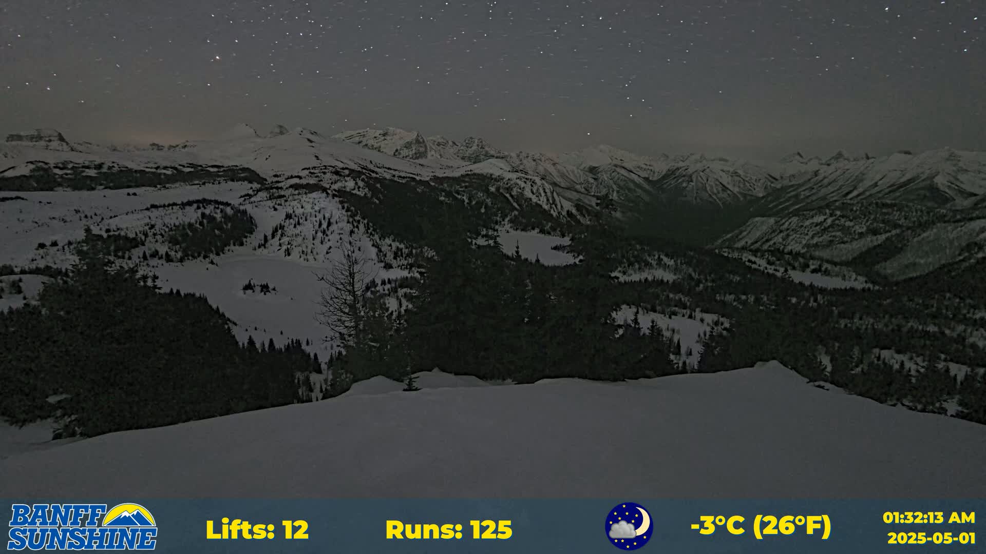 A snow-covered mountain range is visible under a clear, starry night sky, with a temperature of -3°C.