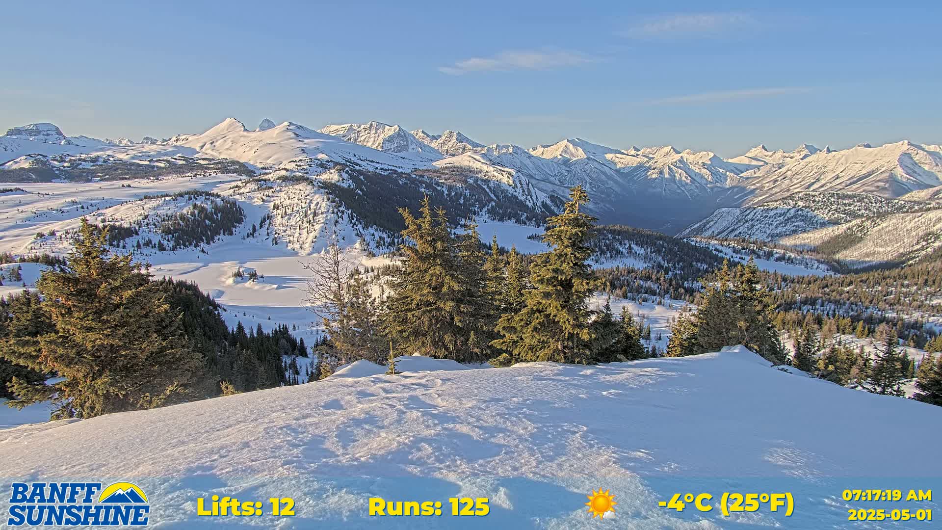 A snow-covered mountain range is visible under a clear, bright sky, with evergreen trees in the foreground.