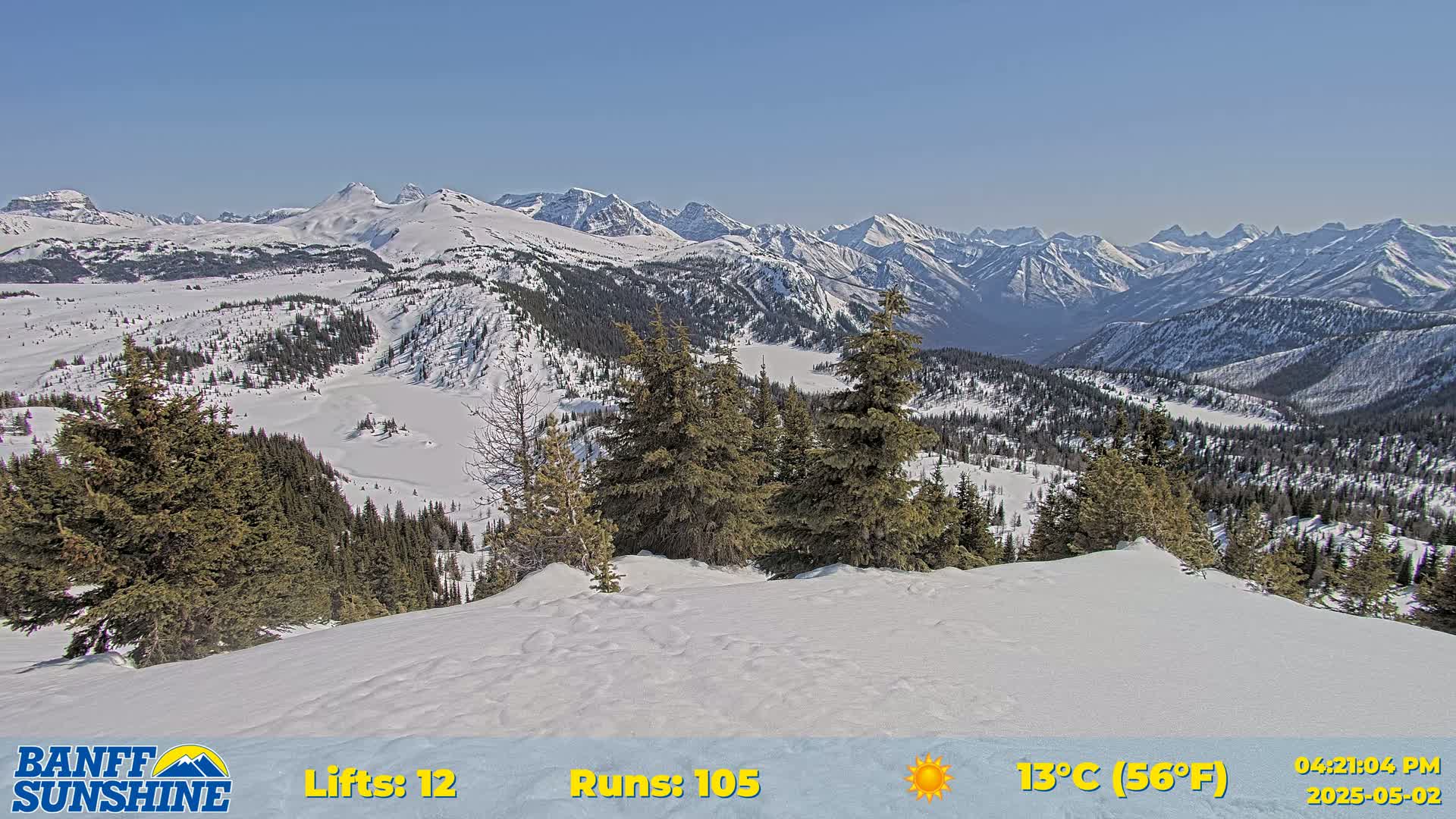 A snow-covered mountain range with evergreen trees in the foreground under sunny skies.