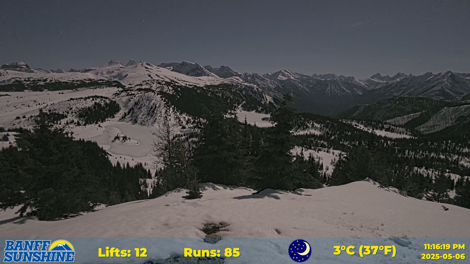 A snow-covered mountain range is visible under a nighttime sky, with a partially frozen lake and evergreen trees in the foreground.