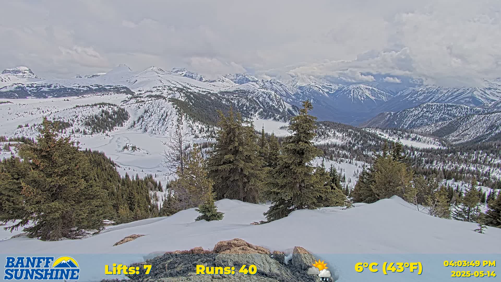 A snowy mountain landscape with evergreens under a partly cloudy sky.