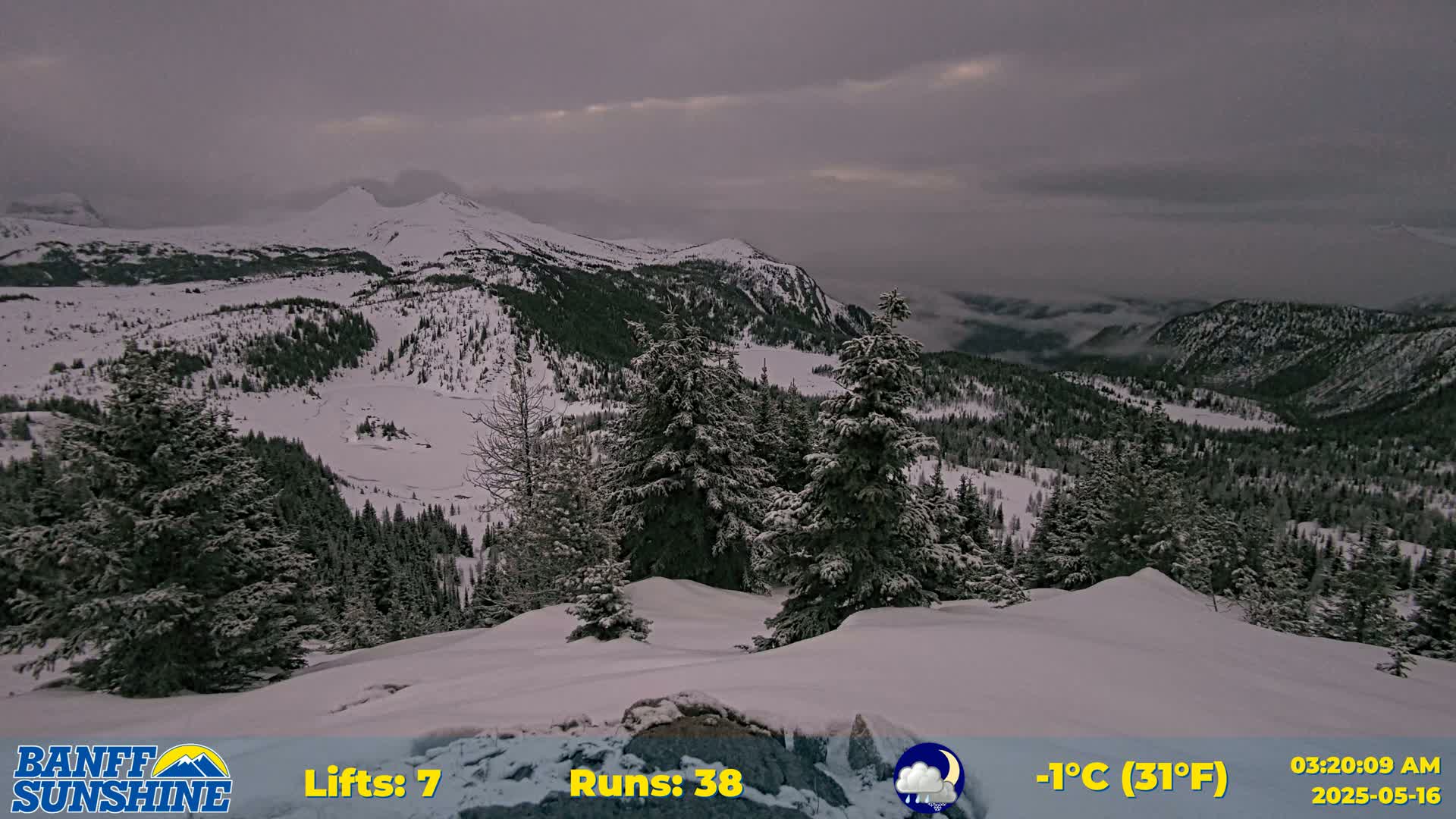 A snow-covered mountainous landscape is visible under a cloudy, overcast sky.