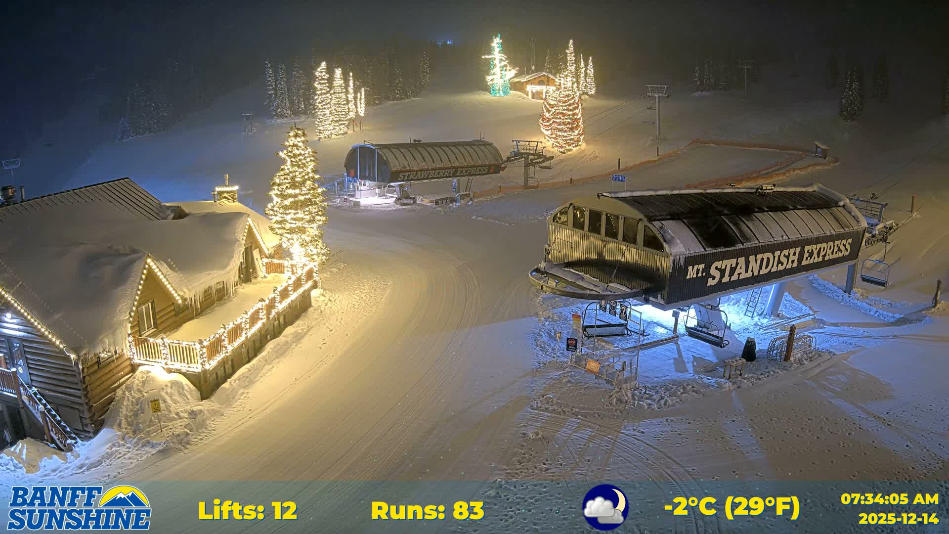 A snowy ski resort scene shows a lodge, two chairlifts, and several people waiting in lines, with light snow falling.