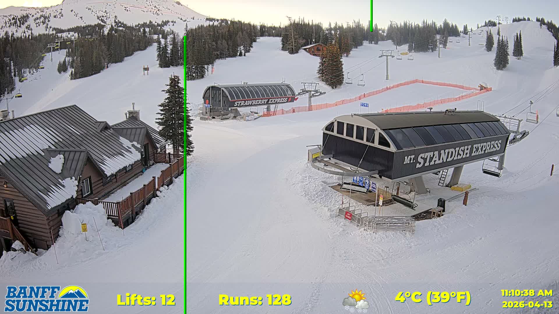 A snowy ski resort scene shows a lodge, two chairlifts, and several people waiting in lines, with light snow falling.