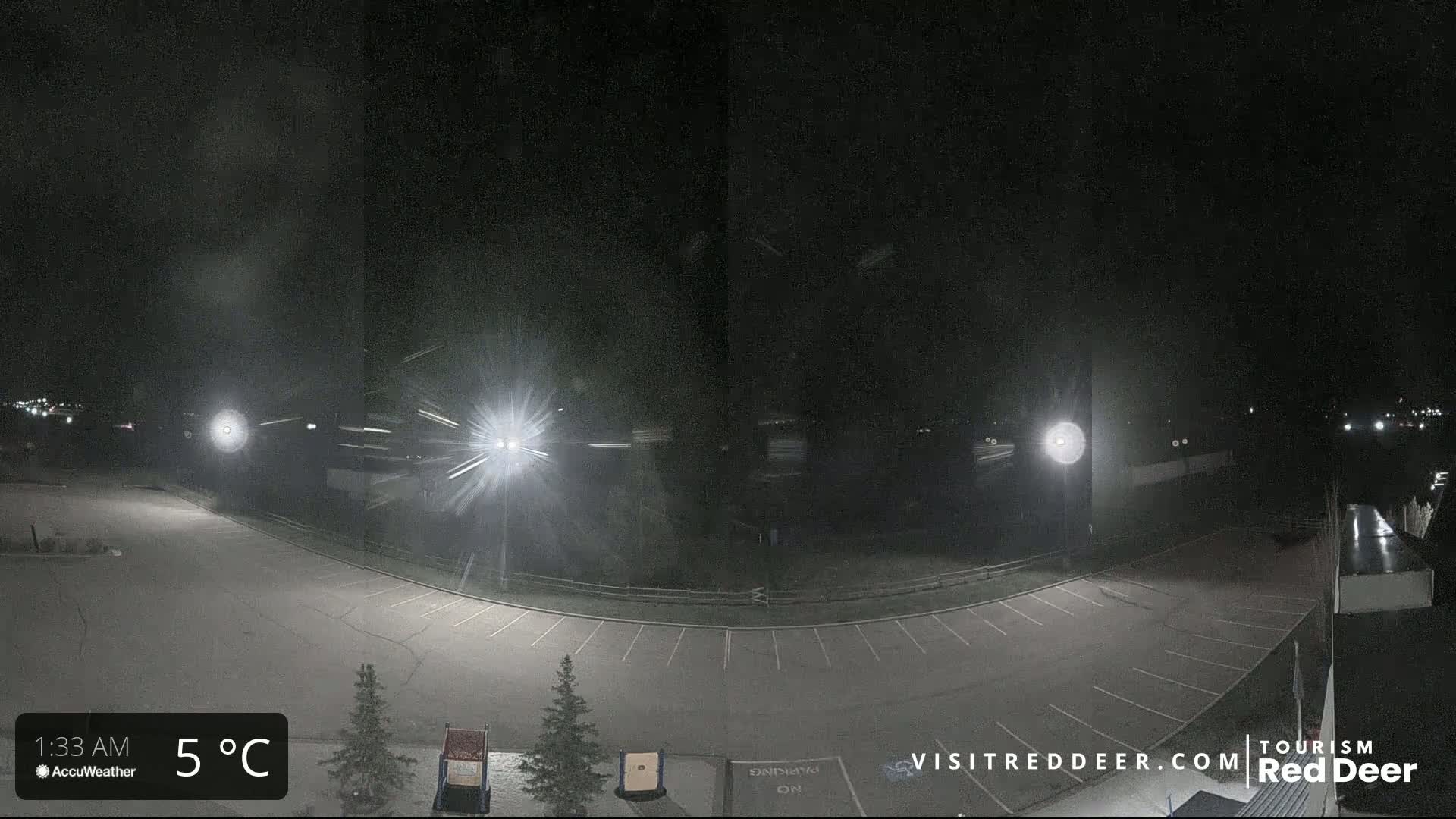 An empty asphalt parking lot is visible at night under a dark, possibly slightly hazy sky, with several bright lights illuminating the scene and a small evergreen tree nearby.