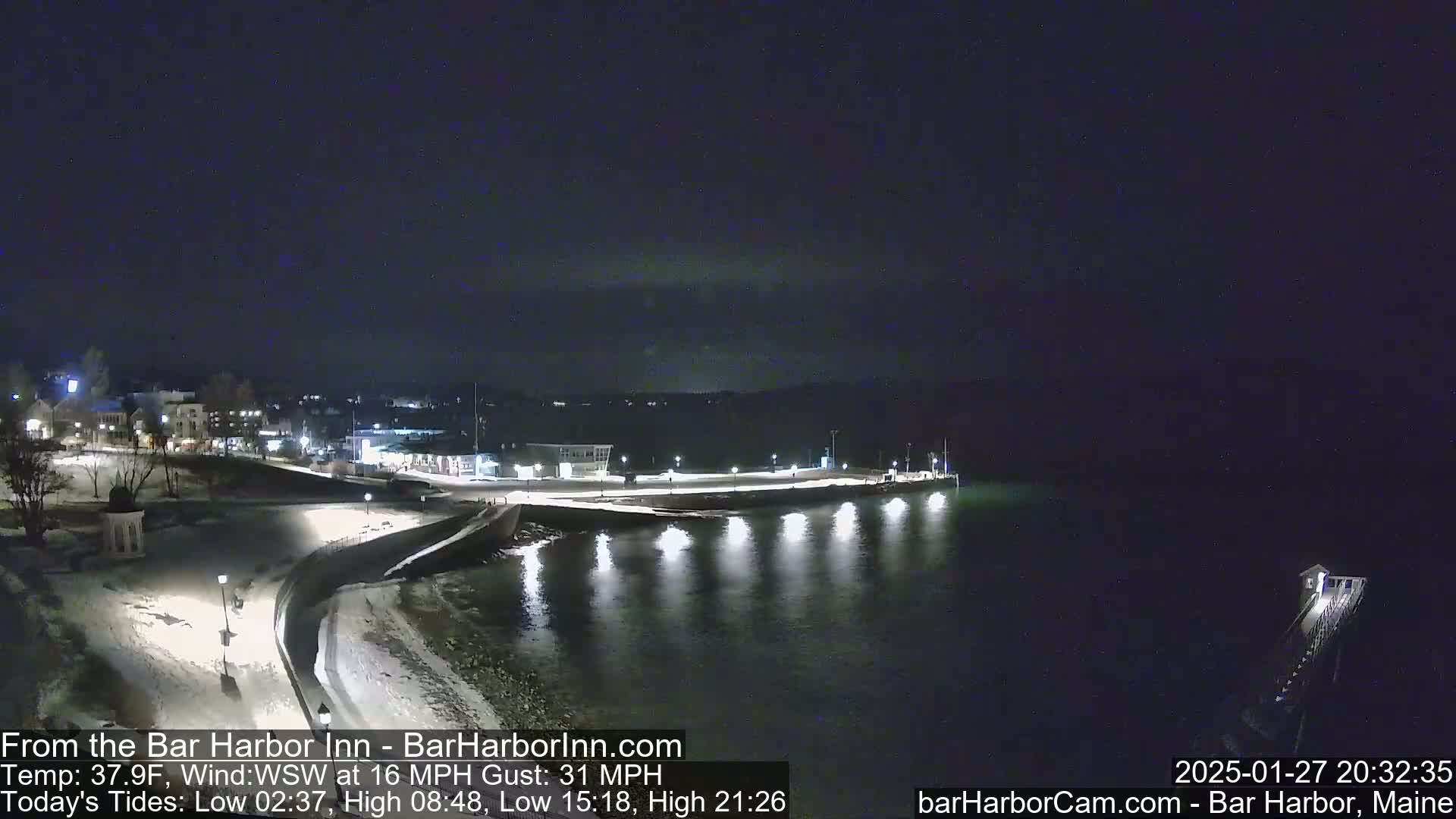 A snow-covered shoreline at night, with a calm, dark body of water reflecting lights from a nearby town under a clear, dark sky.