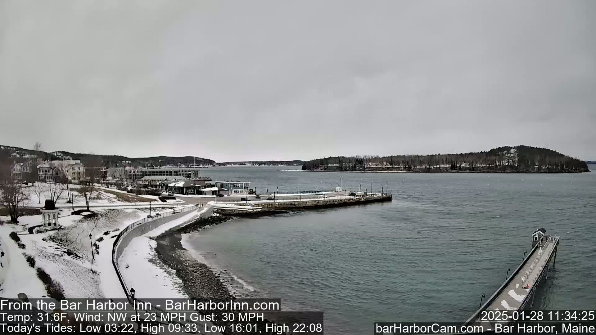 A snow-covered coastal town with a harbor, a long pier, and a small island in the distance under an overcast sky.