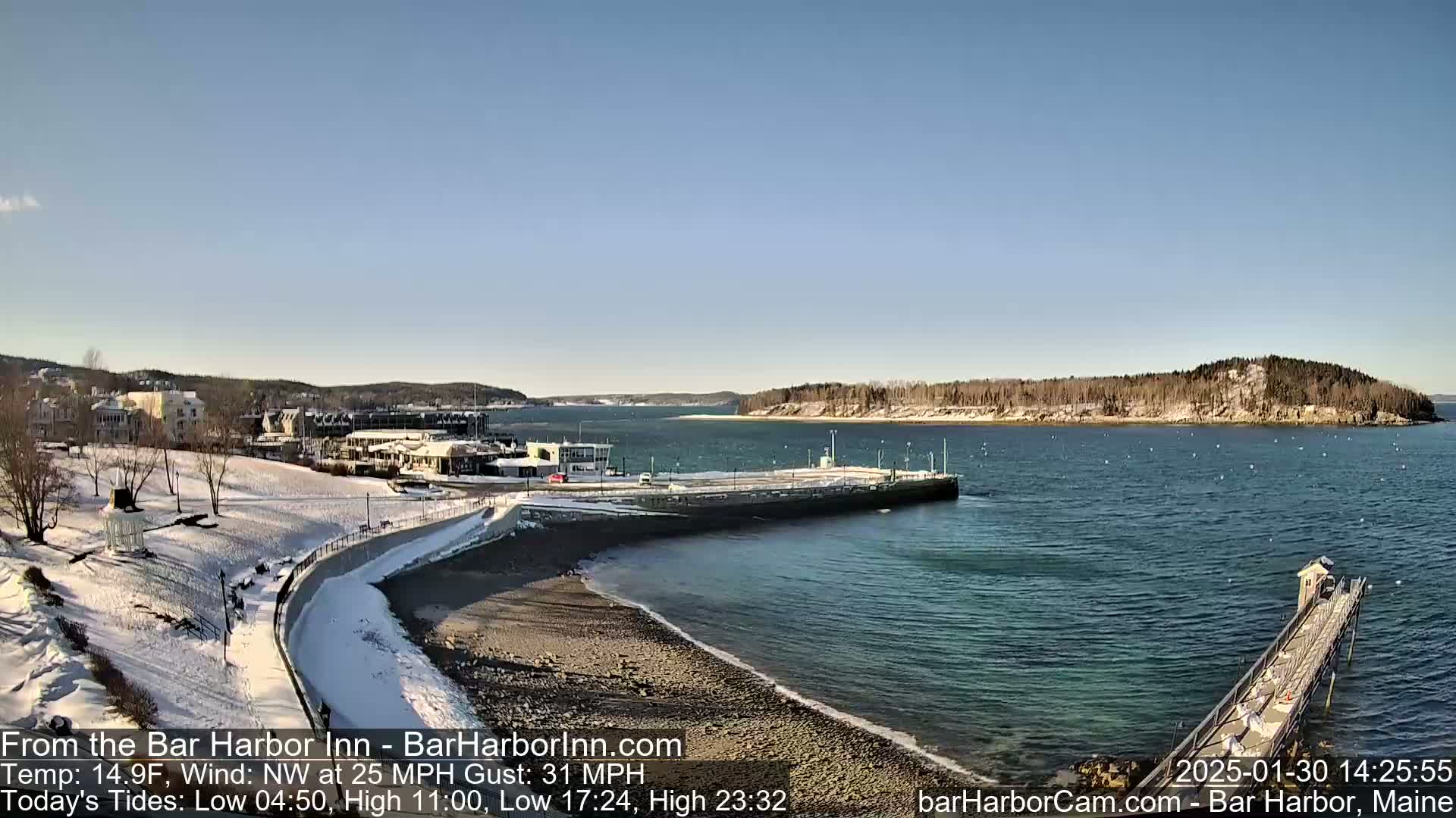 A snow-covered waterfront scene shows a harbor with a partially frozen shoreline, a pier extending into the water, and a town in the background under a clear, sunny sky with a northwest wind.