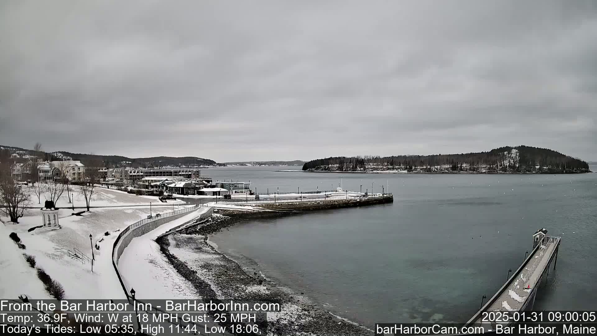 A snow-covered waterfront scene shows a harbor with buildings and a long pier extending into the calm gray water under an overcast sky.