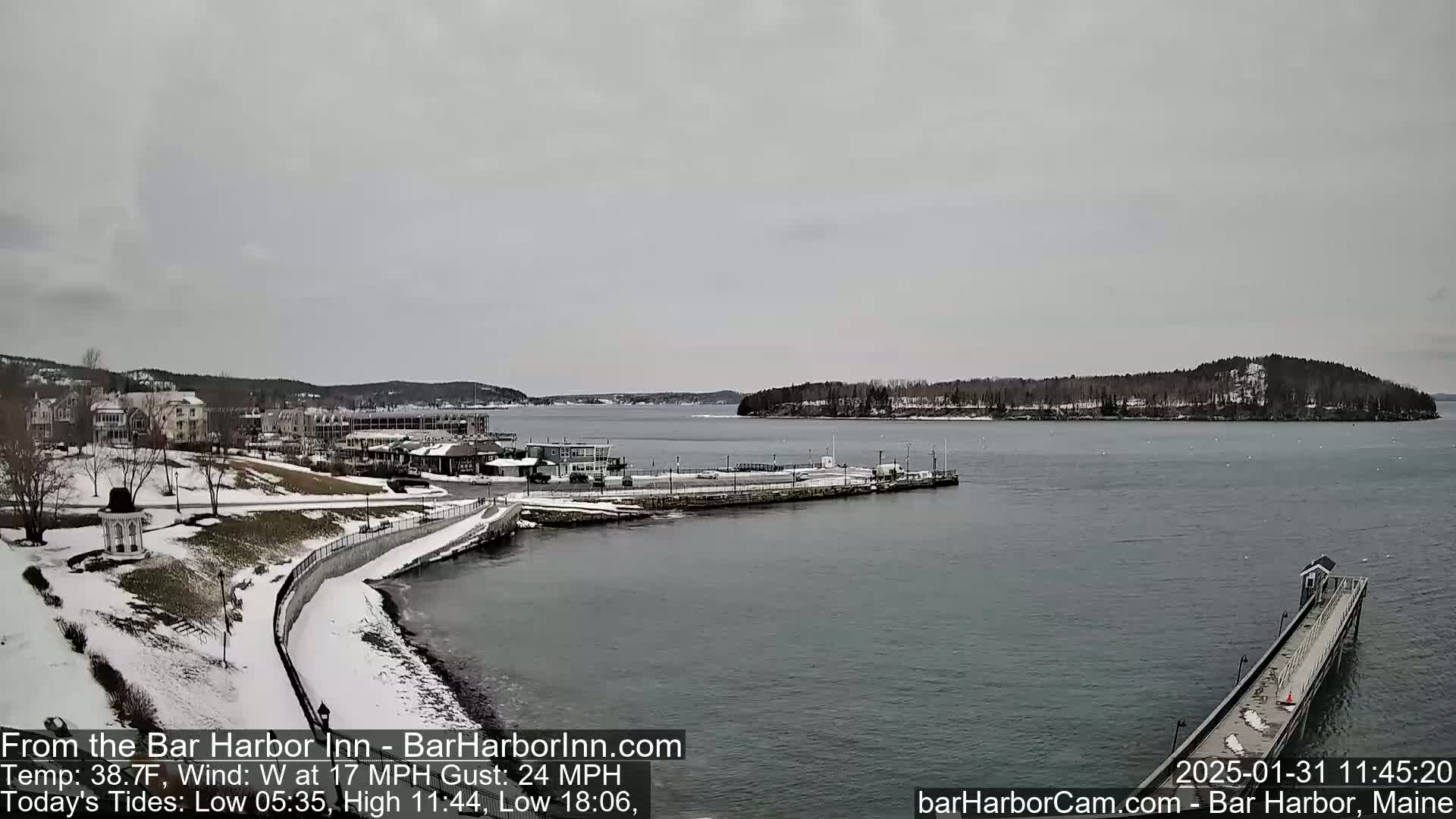 A snow-covered waterfront town overlooks a calm harbor with a small island in the distance under an overcast sky.