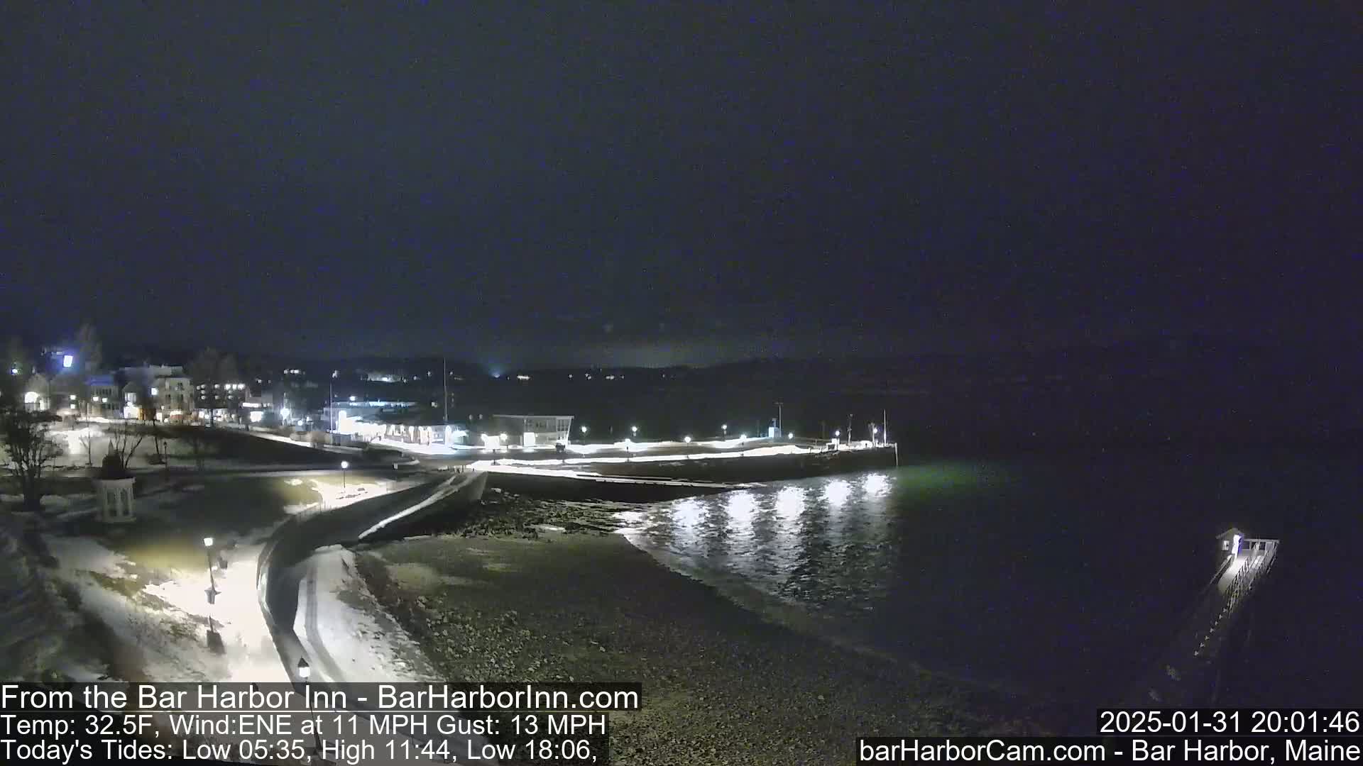 A nighttime view of a snow-dusted shoreline with a town in the background under a dark sky, with calm water lapping the shore.