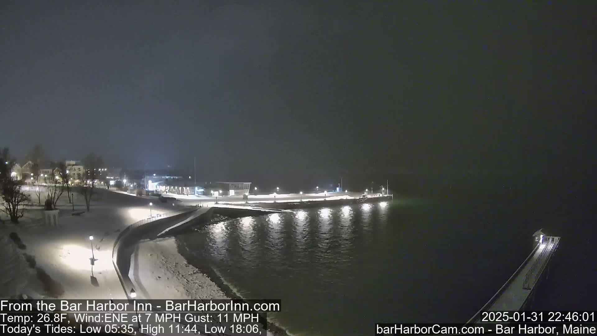 A snow-covered waterfront at night, with a dark, calm body of water reflecting lights, under an overcast sky.