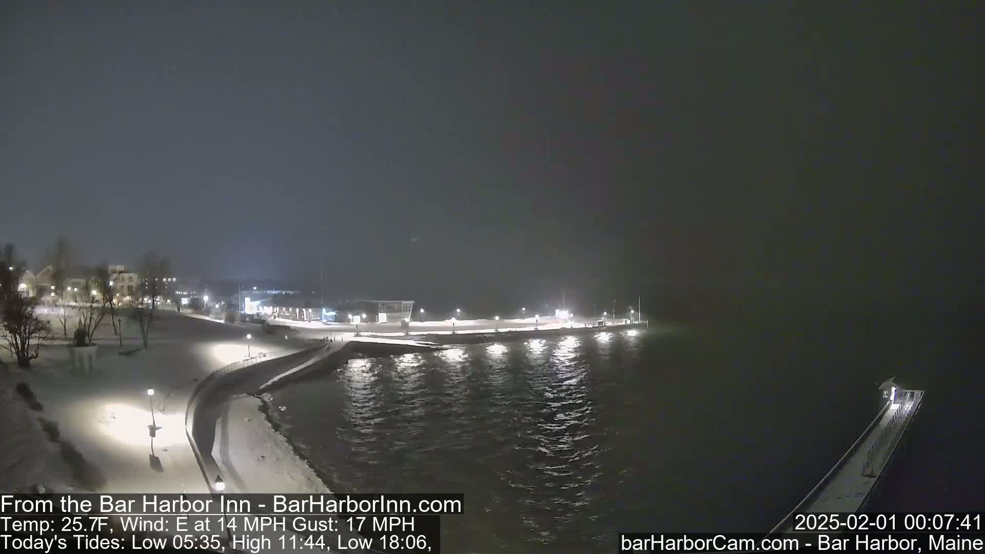 A snow-covered waterfront at night, with a calm, dark body of water, is illuminated by lights along a walkway and pier under a hazy, dark sky.