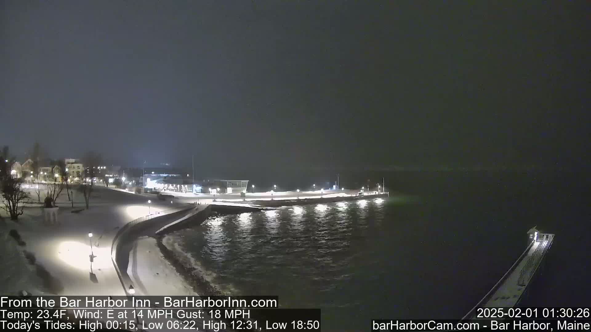 A snow-covered waterfront at night, with a partly visible town in the background under a dark, overcast sky.