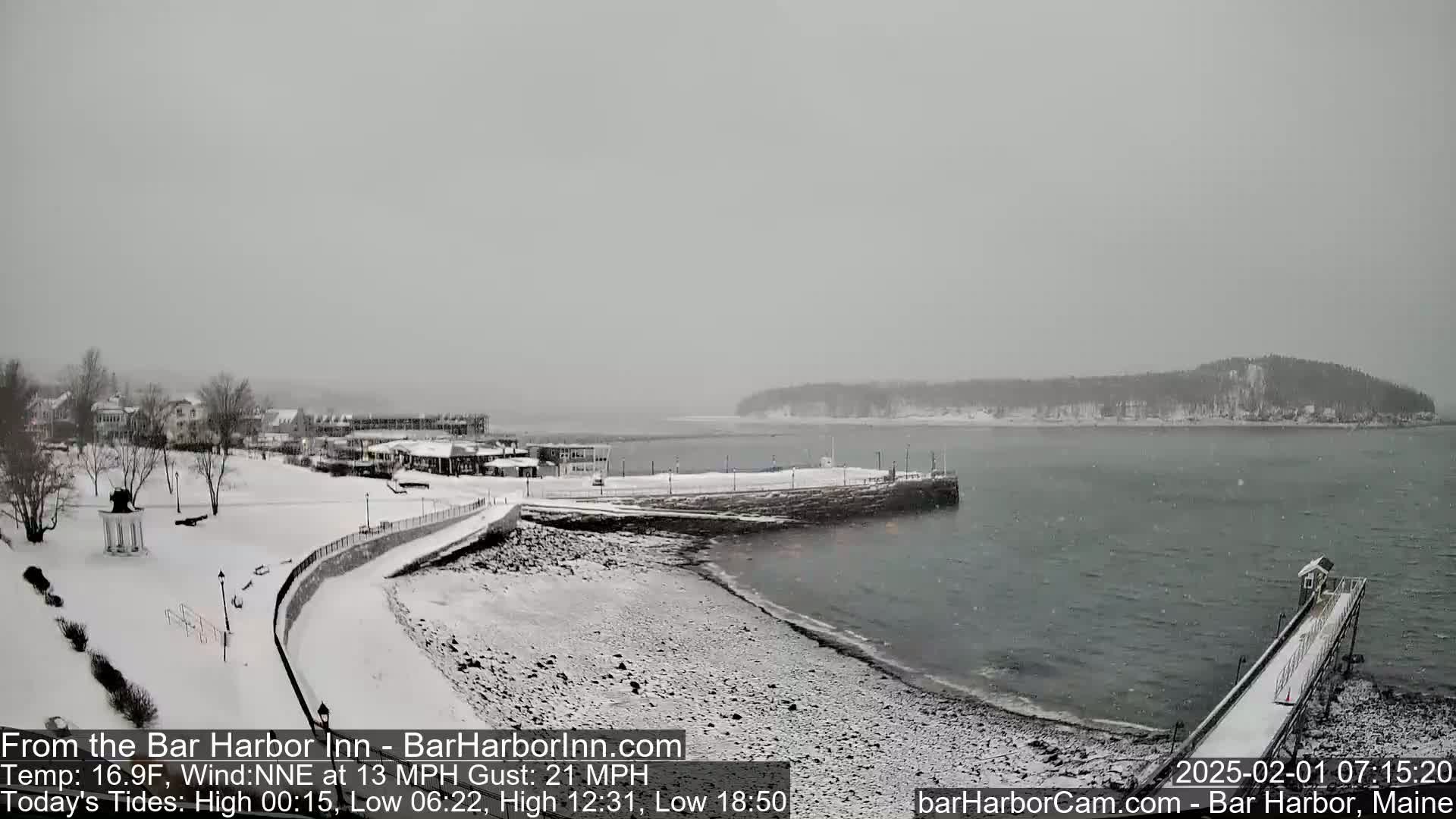 A snow-covered waterfront scene shows a partly frozen bay, a snow-covered walkway, and buildings in the distance during a snowfall.
