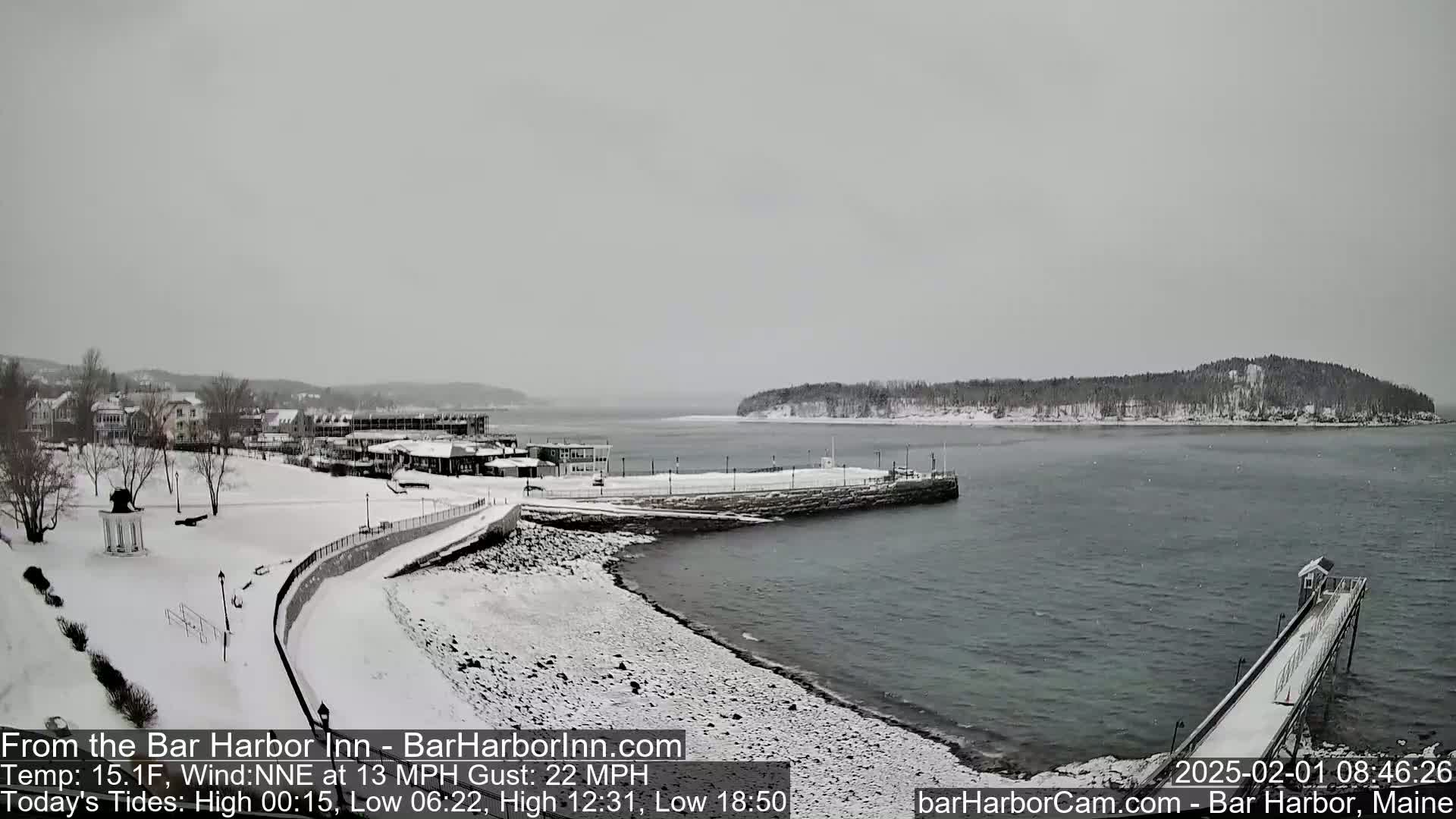 A snow-covered coastal town and harbor are seen on a gray, overcast day.