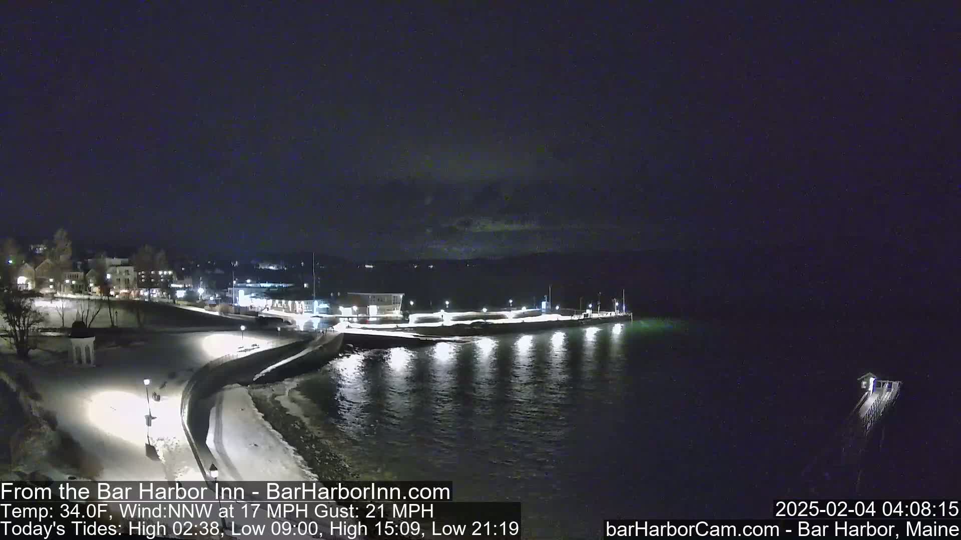 A nighttime view of a snow-covered waterfront town with a calm body of water under a dark sky.