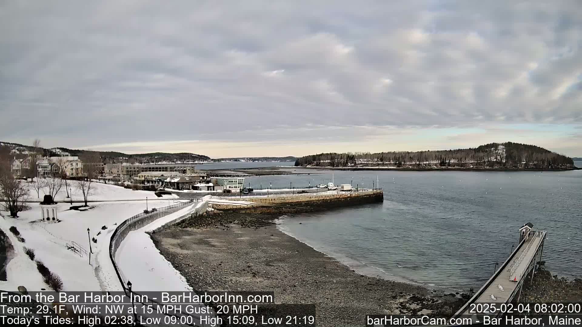 A snow-covered shoreline with buildings in the background, under a cloudy sky, overlooks a calm body of water with a pier extending into it.