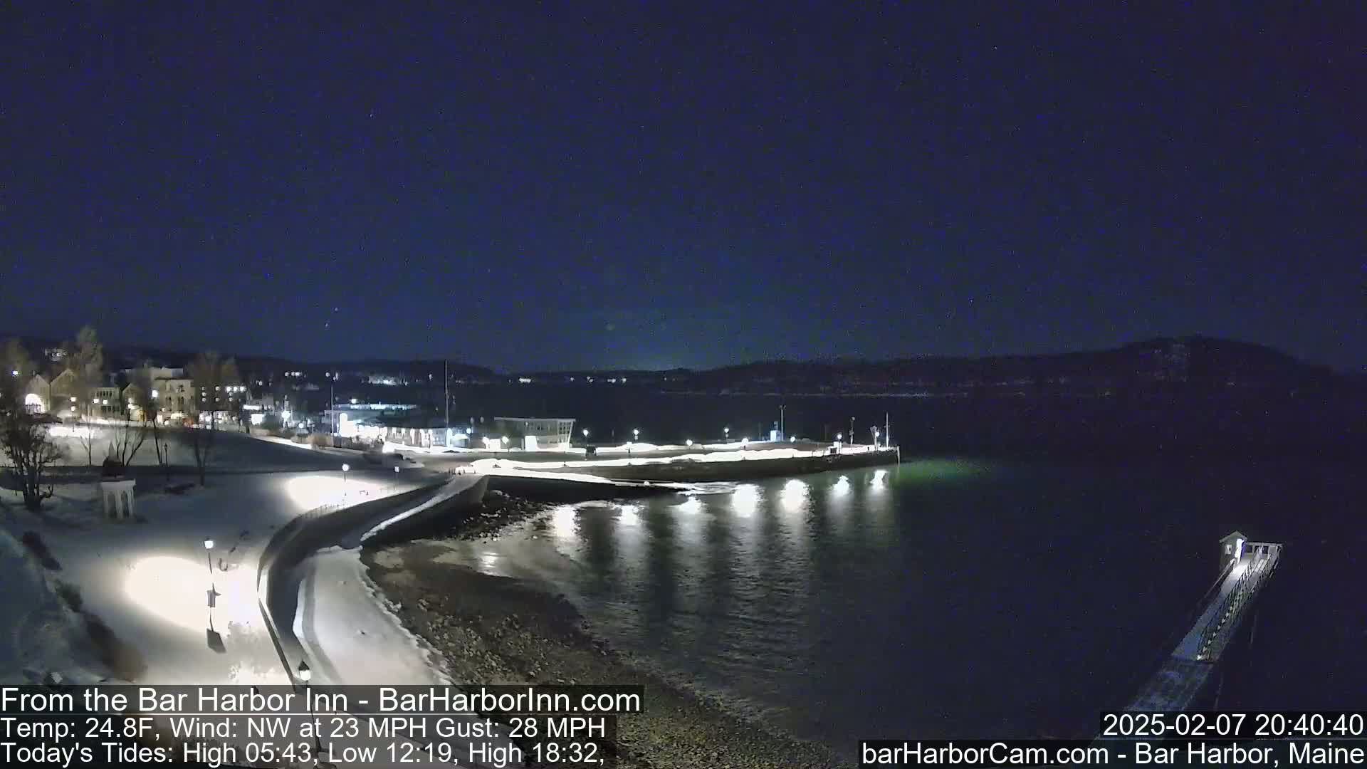 A snow-covered shoreline at night, with a calm, dark body of water extending to a dimly lit town in the distance under a clear sky.