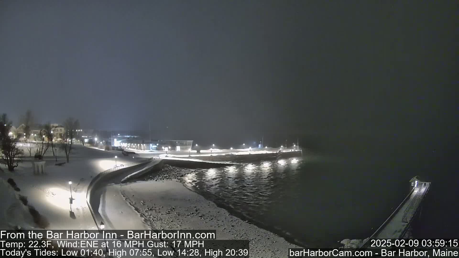 A snow-covered waterfront scene at night, showing a dark body of water, a snow-covered walkway, and buildings in the distance under a gray sky.