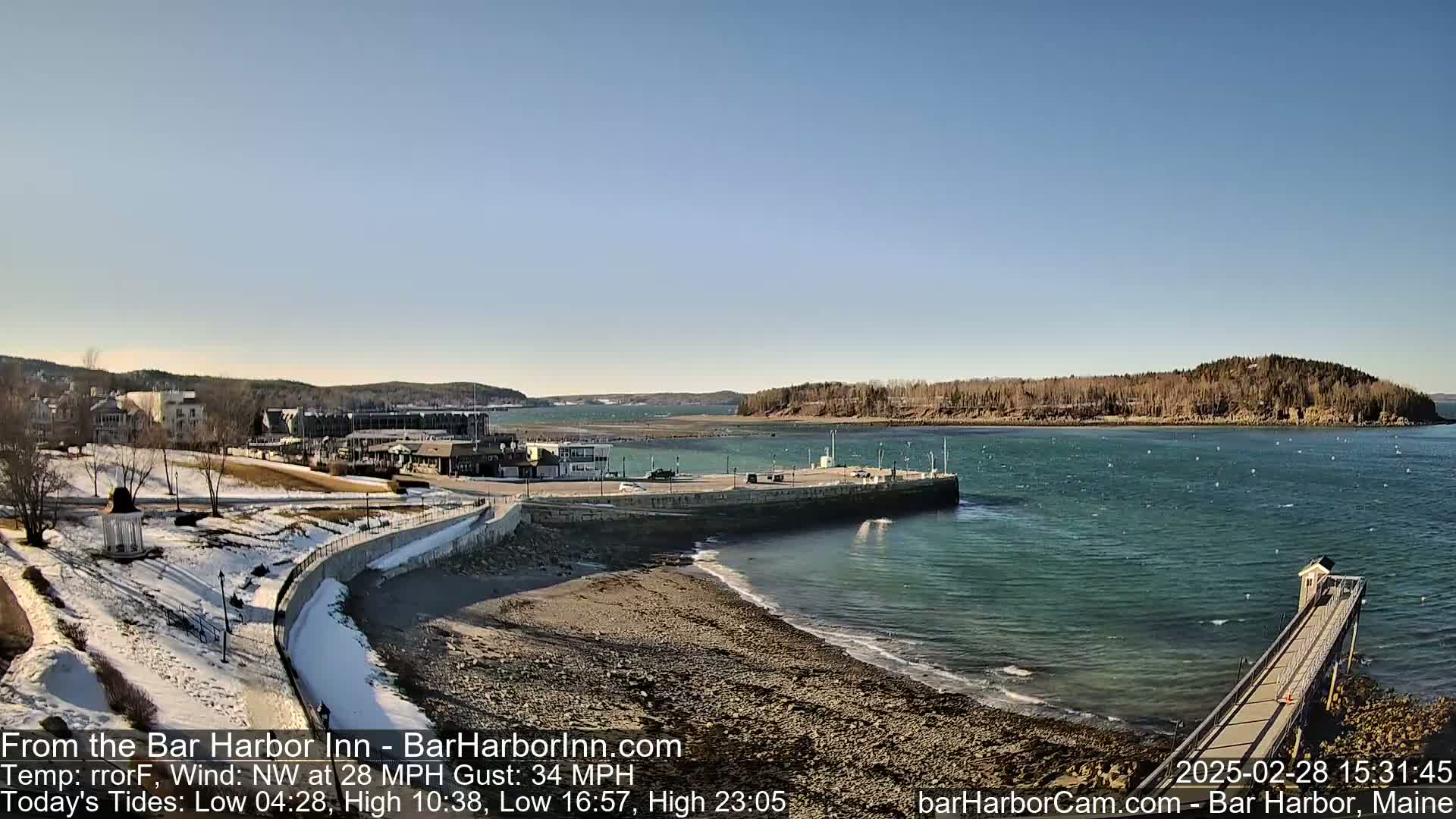 A rocky shoreline with a partly snowy landscape and buildings in the distance is viewed from a pier on a partly sunny day with a northwest wind at 28 mph and gusts up to 34 mph.