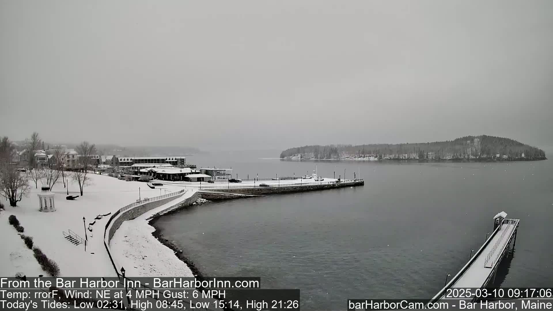 A snow-covered waterfront town is seen, with a calm body of water and a pier extending into the bay under a gray, overcast sky.