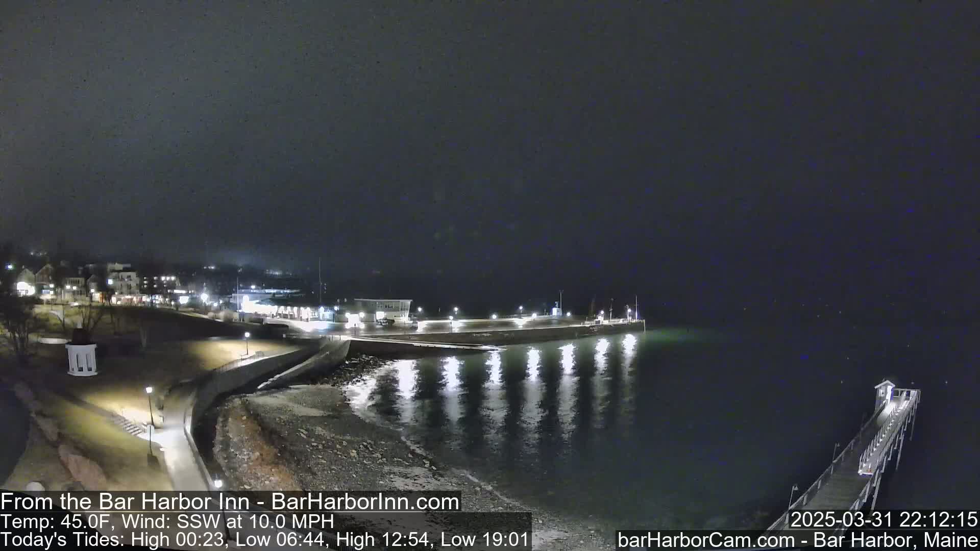 A nighttime coastal scene shows a town under a dark, snowy sky with a calm body of water reflecting lights from a pier and buildings.