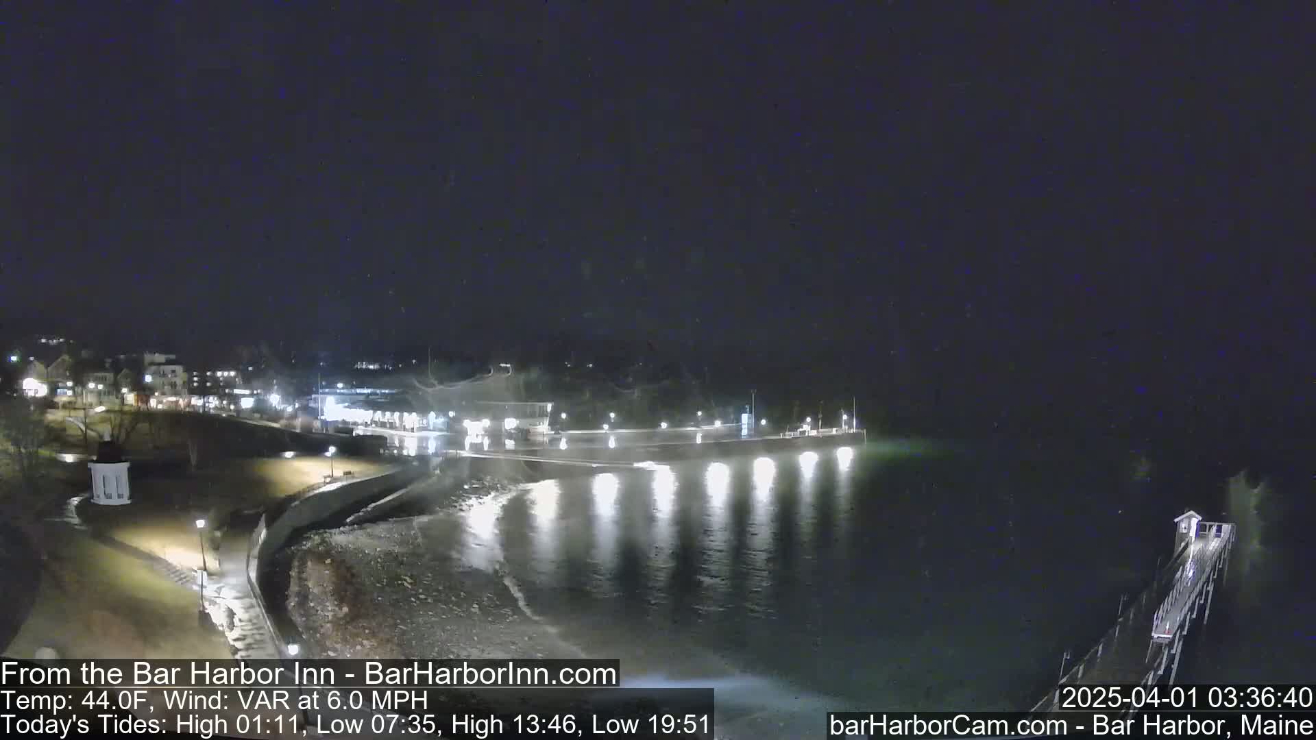 A nighttime view of a calm harbor with a town in the background under a dark, clear sky.