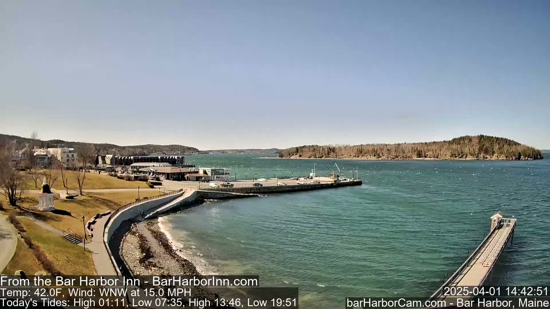A waterfront scene with a harbor, a long pier, and a small island in the distance, under a mostly sunny sky with a moderate wind.